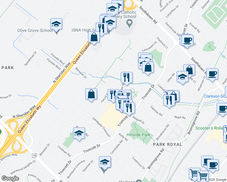 map of restaurants, bars, coffee shops, grocery stores, and more near 2394 Yeovil Road in Mississauga