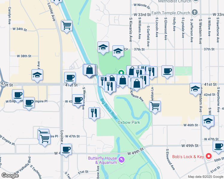 map of restaurants, bars, coffee shops, grocery stores, and more near 3101 West 41st Street in Sioux Falls