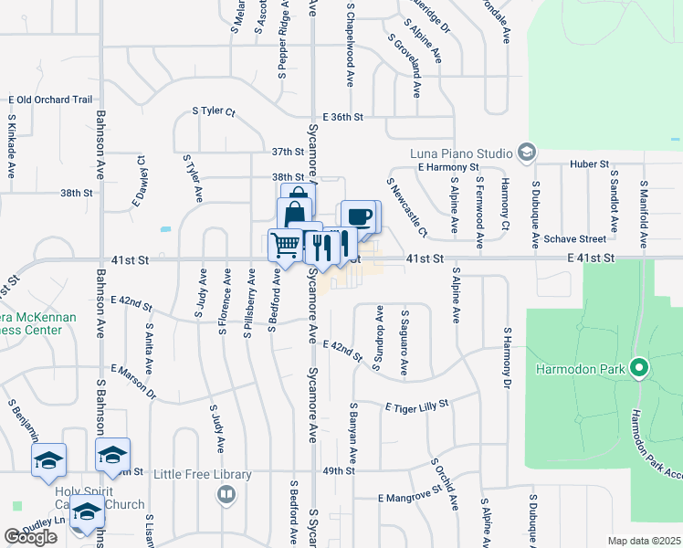 map of restaurants, bars, coffee shops, grocery stores, and more near 4601 East 41st Street in Sioux Falls