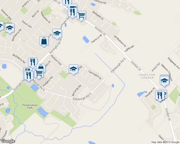map of restaurants, bars, coffee shops, grocery stores, and more near Carrington Drive in Guelph