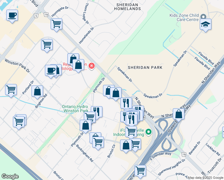 map of restaurants, bars, coffee shops, grocery stores, and more near 2201 Bristol Circle in Oakville