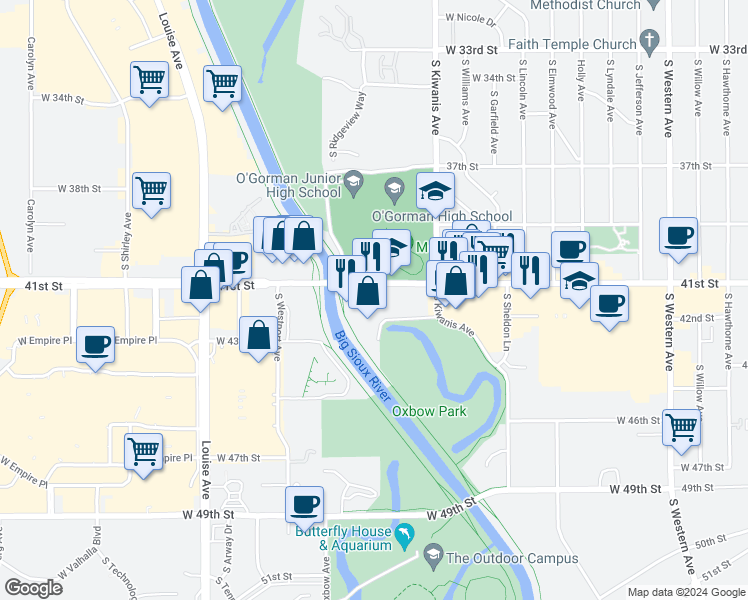 map of restaurants, bars, coffee shops, grocery stores, and more near 3101 West 41st Street in Sioux Falls