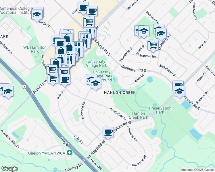 map of restaurants, bars, coffee shops, grocery stores, and more near Reid Court in Guelph