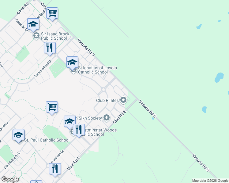 map of restaurants, bars, coffee shops, grocery stores, and more near Oldfield Drive in Guelph