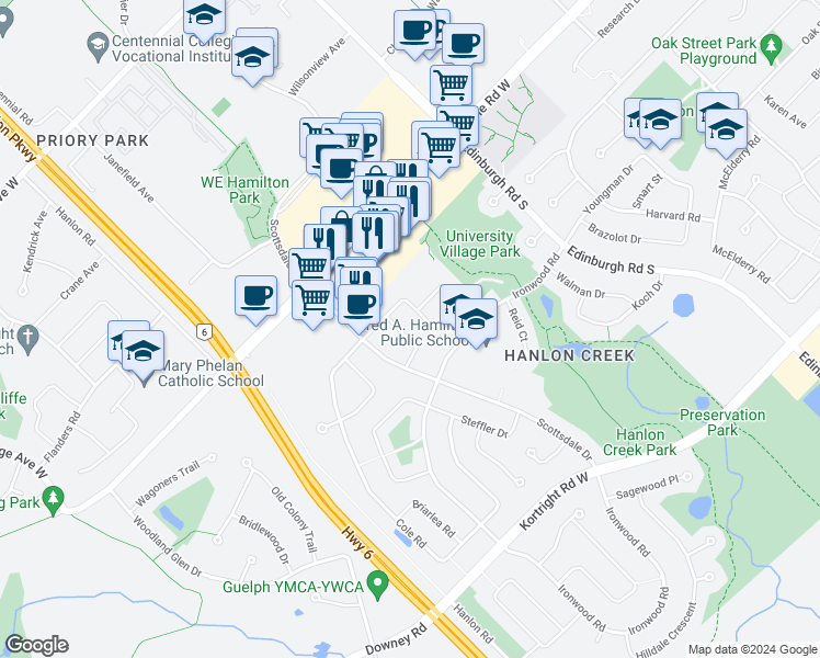 map of restaurants, bars, coffee shops, grocery stores, and more near 14 Whispering Ridge Drive in Guelph