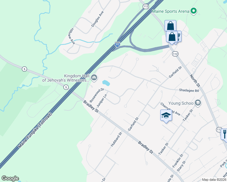 map of restaurants, bars, coffee shops, grocery stores, and more near 26 Rosewood Drive in Saco