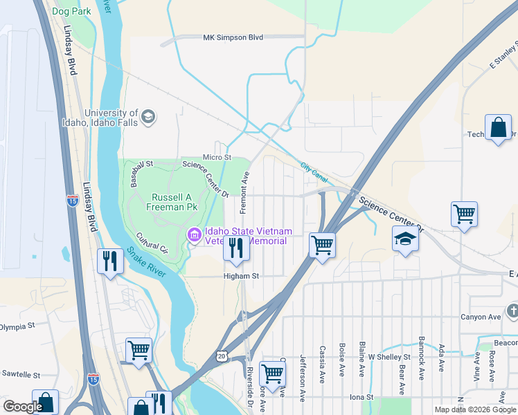 map of restaurants, bars, coffee shops, grocery stores, and more near 1050-1098 Science Center Drive in Idaho Falls