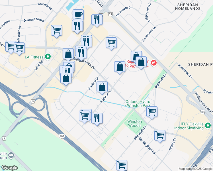 map of restaurants, bars, coffee shops, grocery stores, and more near 2390 Winston Park Drive in Oakville
