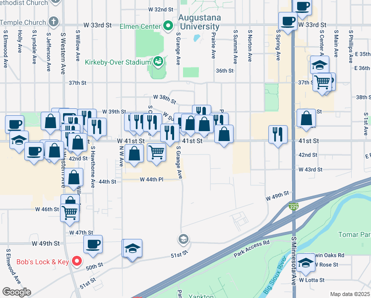 map of restaurants, bars, coffee shops, grocery stores, and more near in Sioux Falls
