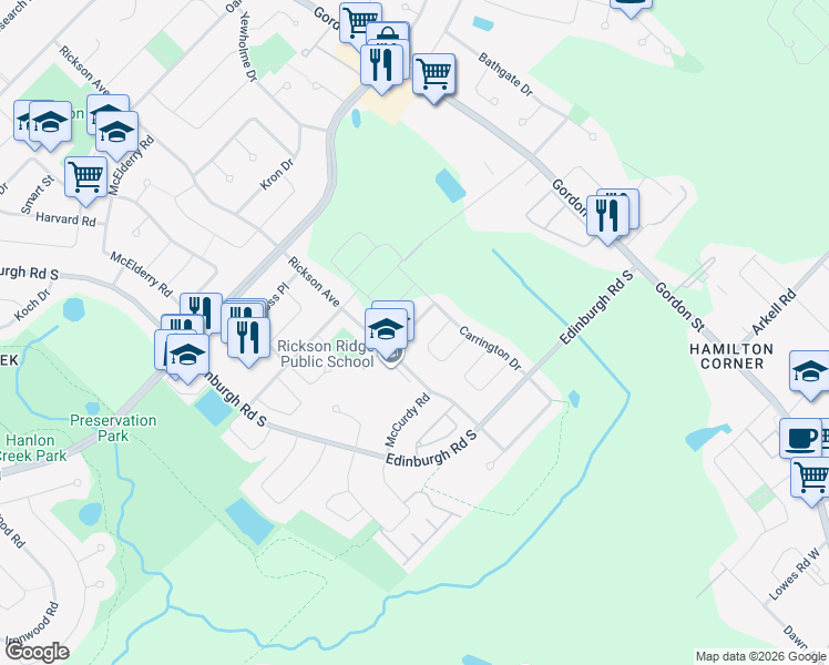 map of restaurants, bars, coffee shops, grocery stores, and more near 4 Darnell Road in Guelph