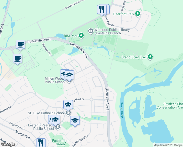map of restaurants, bars, coffee shops, grocery stores, and more near 771 Angler Way in Waterloo
