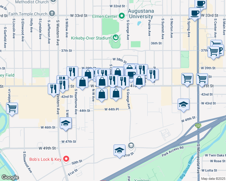 map of restaurants, bars, coffee shops, grocery stores, and more near 1500 W 41st St in Sioux Falls