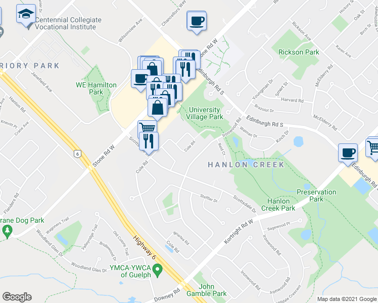 map of restaurants, bars, coffee shops, grocery stores, and more near 88 Cole Road in Guelph