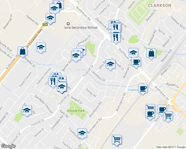 map of restaurants, bars, coffee shops, grocery stores, and more near 1360 Lewisham Drive in Mississauga