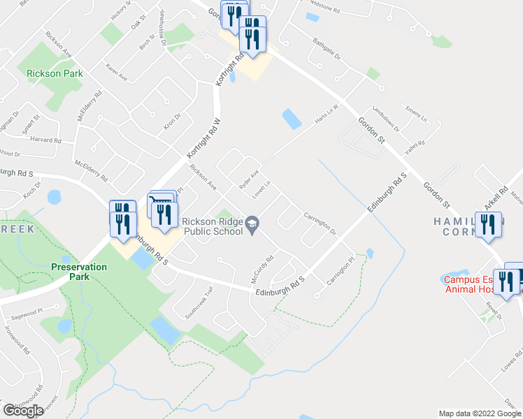 map of restaurants, bars, coffee shops, grocery stores, and more near 27 Darnell Road in Guelph