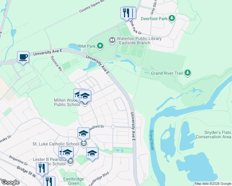 map of restaurants, bars, coffee shops, grocery stores, and more near 771 Angler Way in Waterloo