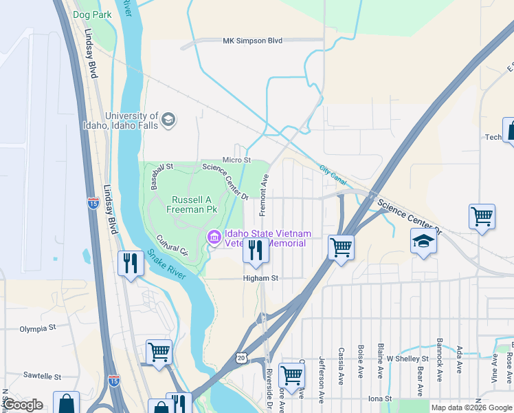 map of restaurants, bars, coffee shops, grocery stores, and more near 1170 Science Center Dr in Idaho Falls