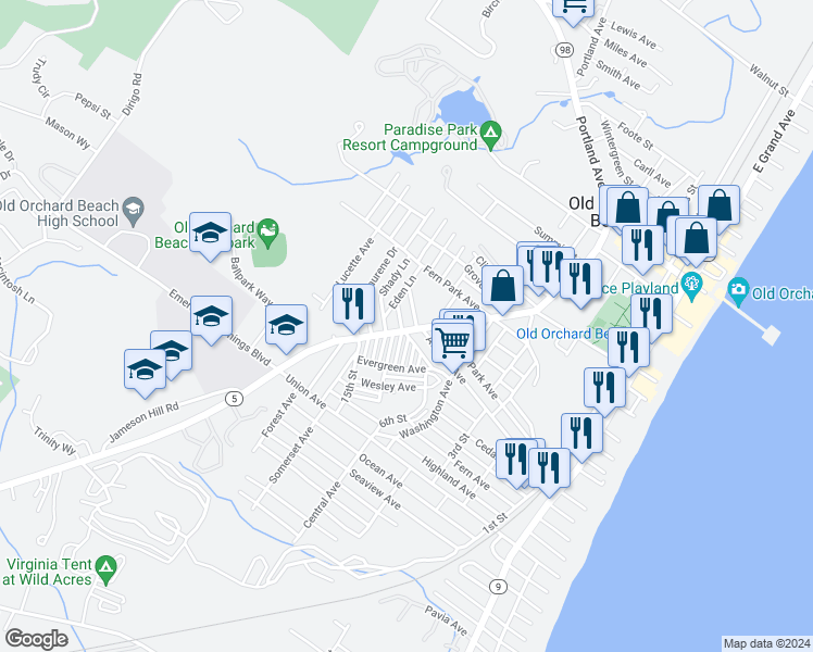 map of restaurants, bars, coffee shops, grocery stores, and more near 5 Pine Lane in Old Orchard Beach