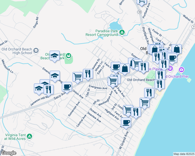map of restaurants, bars, coffee shops, grocery stores, and more near 5 Pine Lane in Old Orchard Beach