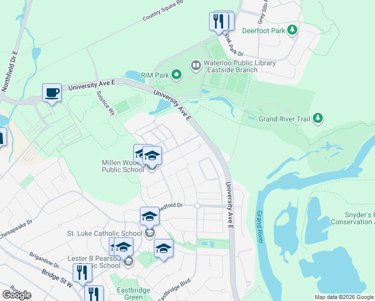 map of restaurants, bars, coffee shops, grocery stores, and more near 750 Angler Way in Waterloo