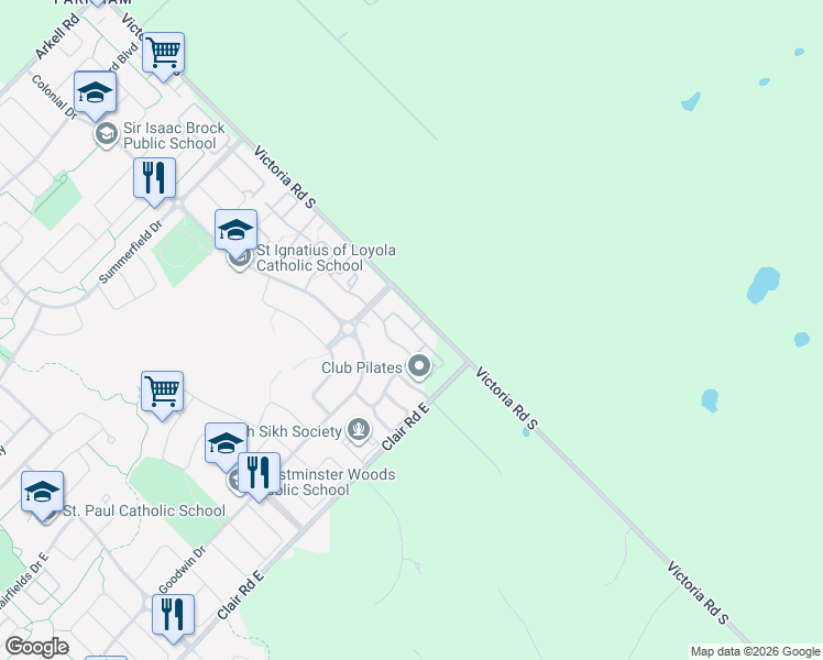 map of restaurants, bars, coffee shops, grocery stores, and more near Kingsbury Square in Guelph