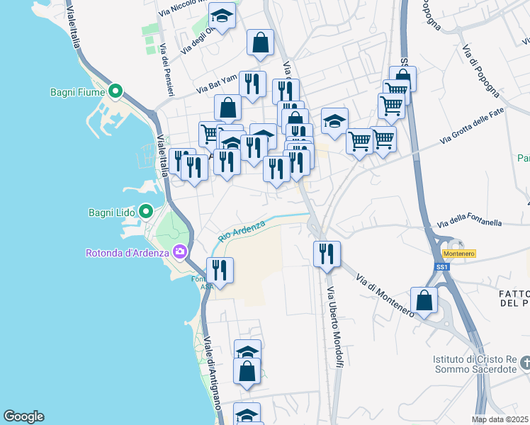 map of restaurants, bars, coffee shops, grocery stores, and more near 9 Via San Simone in Livorno