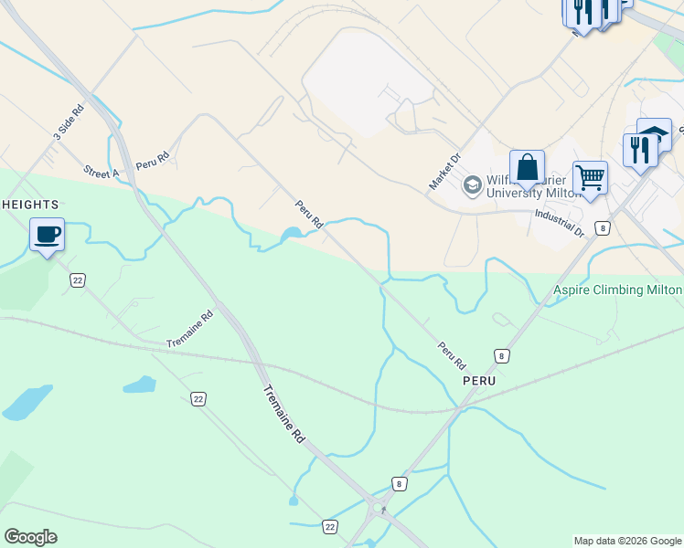 map of restaurants, bars, coffee shops, grocery stores, and more near 48 Peru Road in Milton