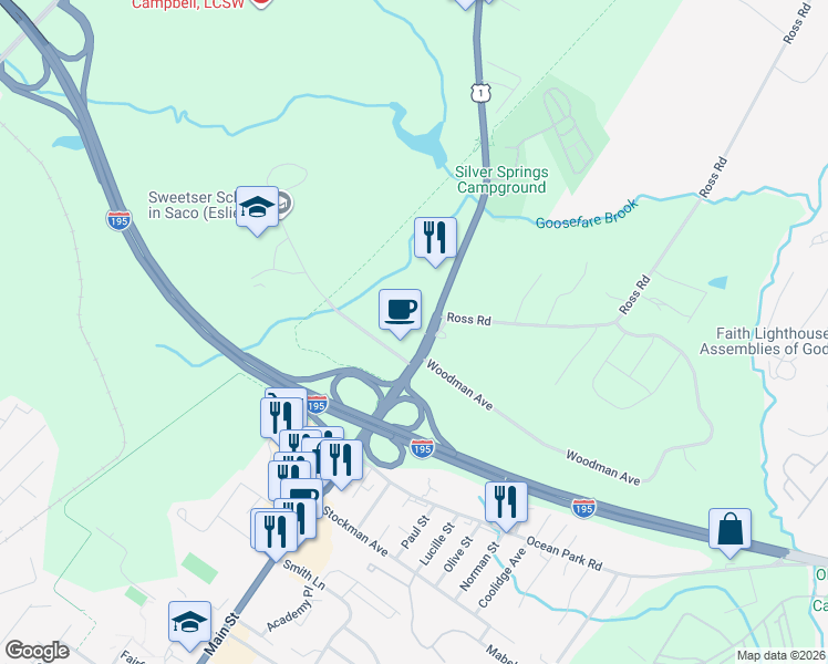 map of restaurants, bars, coffee shops, grocery stores, and more near 640 Main Street in Saco