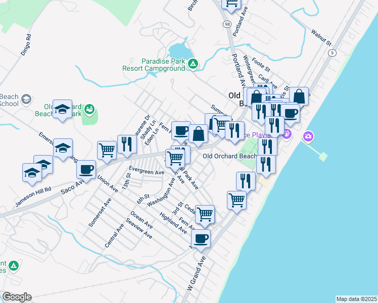 map of restaurants, bars, coffee shops, grocery stores, and more near 64 Saco Avenue in Old Orchard Beach