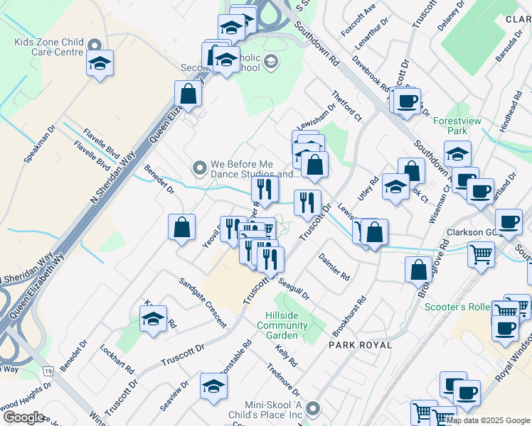 map of restaurants, bars, coffee shops, grocery stores, and more near 2360 Bonner Road in Mississauga