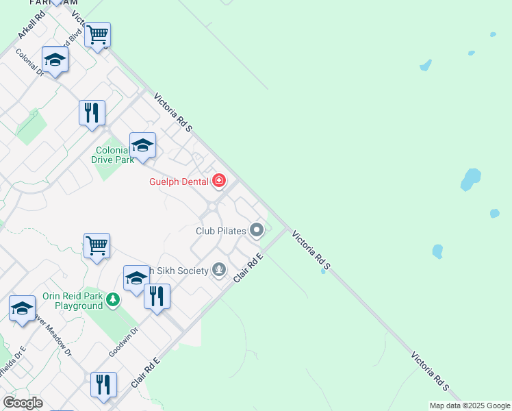 map of restaurants, bars, coffee shops, grocery stores, and more near 45 Kingsbury Square in Guelph