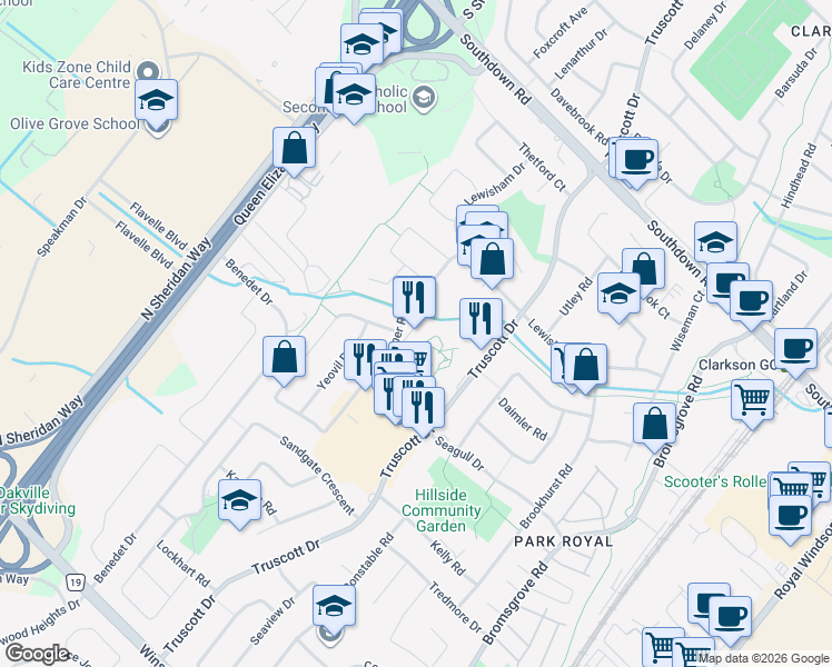 map of restaurants, bars, coffee shops, grocery stores, and more near 2360 Bonner Road in Mississauga