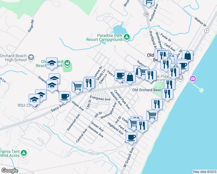 map of restaurants, bars, coffee shops, grocery stores, and more near 88 Saco Avenue in Old Orchard Beach