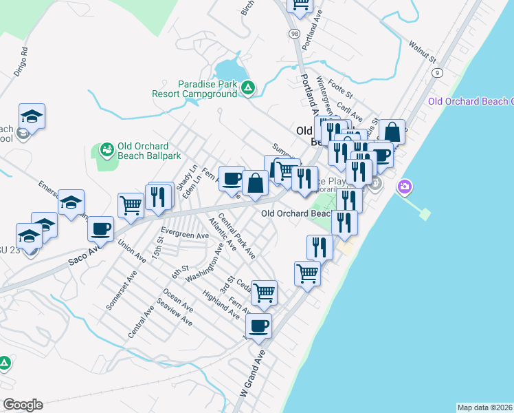 map of restaurants, bars, coffee shops, grocery stores, and more near in Old Orchard Beach