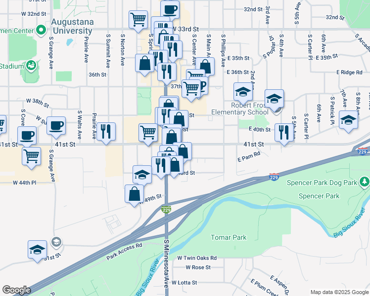 map of restaurants, bars, coffee shops, grocery stores, and more near 214 West 41st Street in Sioux Falls