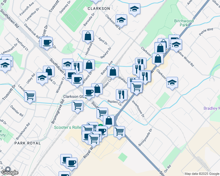 map of restaurants, bars, coffee shops, grocery stores, and more near 1160 Walden Circle in Mississauga