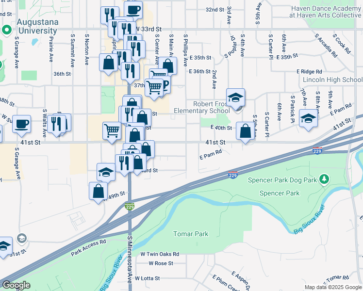 map of restaurants, bars, coffee shops, grocery stores, and more near 103 West 41st Street in Sioux Falls