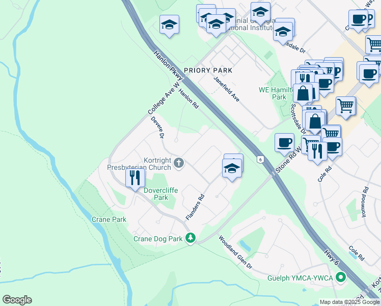 map of restaurants, bars, coffee shops, grocery stores, and more near 26 Crane Avenue in Guelph