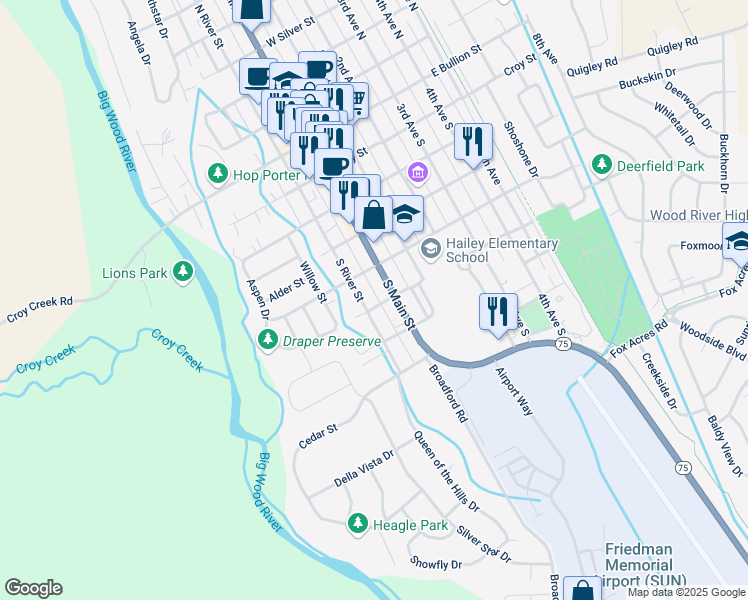 map of restaurants, bars, coffee shops, grocery stores, and more near Elm Street in Hailey