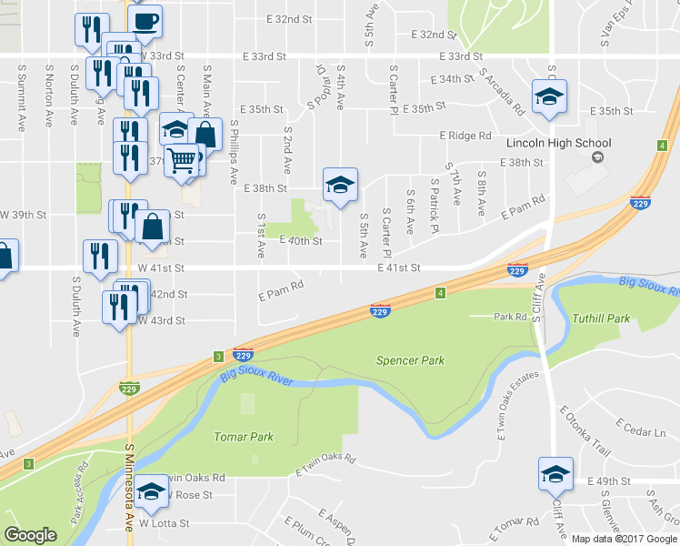 map of restaurants, bars, coffee shops, grocery stores, and more near 3515 S 4th Ave in Sioux Falls