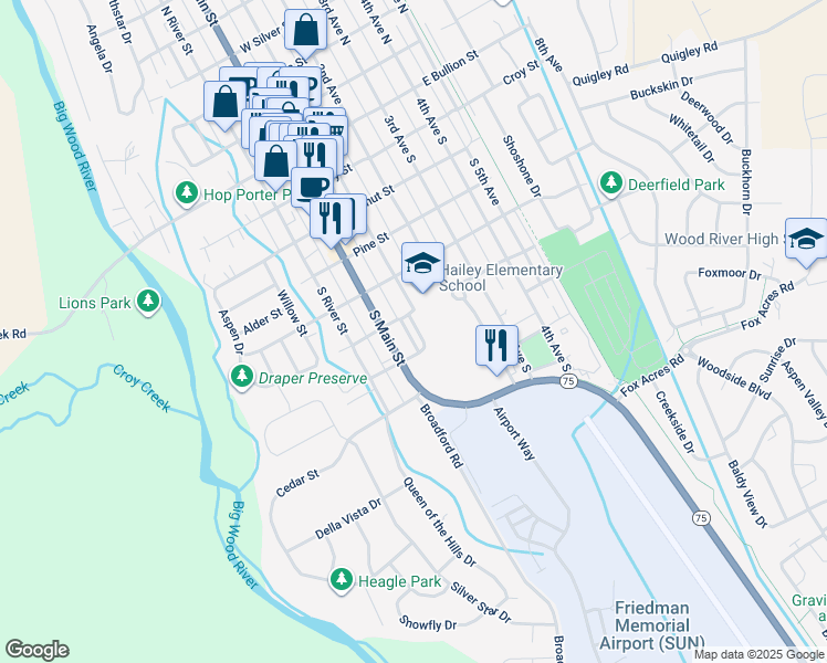 map of restaurants, bars, coffee shops, grocery stores, and more near 21 Maple Street in Hailey