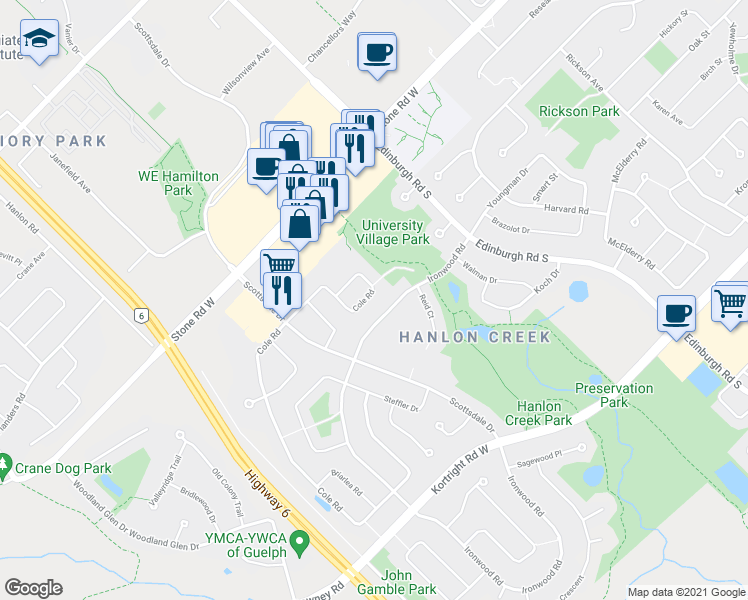 map of restaurants, bars, coffee shops, grocery stores, and more near 76 Cole Road in Guelph