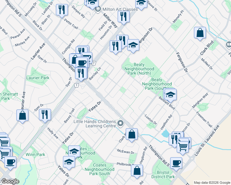 map of restaurants, bars, coffee shops, grocery stores, and more near 719 Hutchinson Avenue in Milton