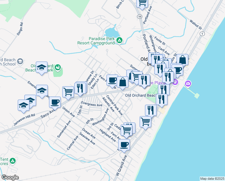 map of restaurants, bars, coffee shops, grocery stores, and more near 64 Saco Avenue in Old Orchard Beach