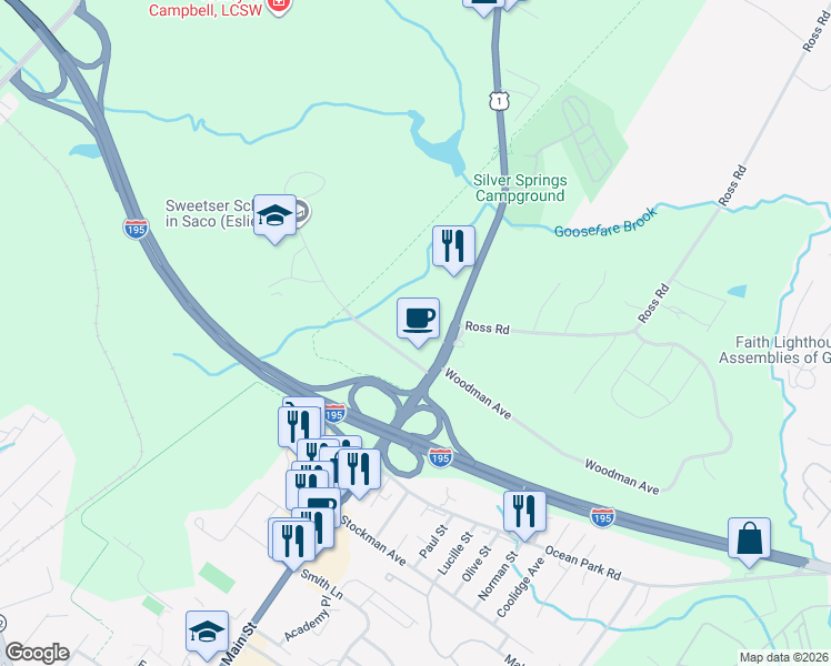 map of restaurants, bars, coffee shops, grocery stores, and more near 640 Main Street in Saco