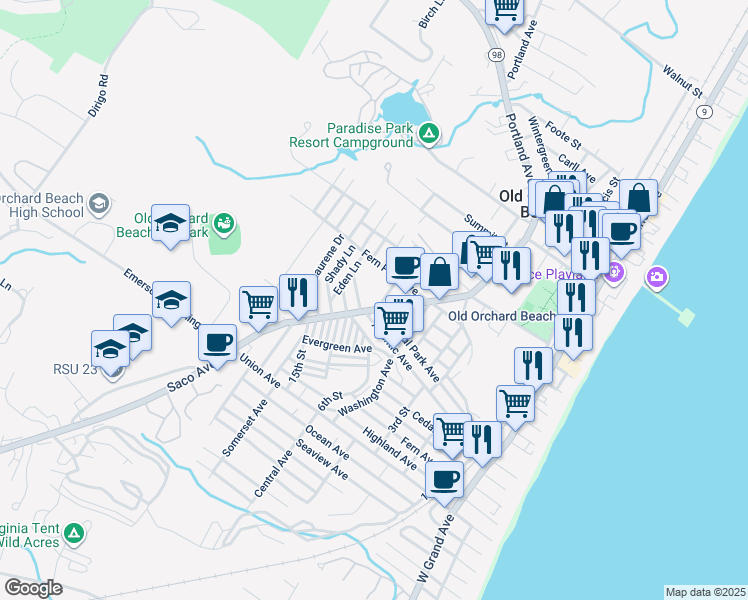 map of restaurants, bars, coffee shops, grocery stores, and more near 12 Wildwood Lane in Old Orchard Beach