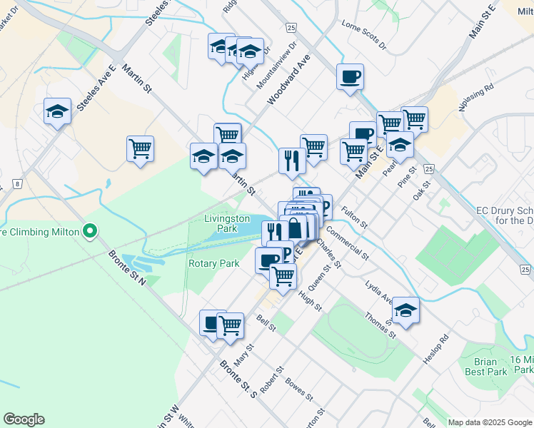 map of restaurants, bars, coffee shops, grocery stores, and more near 86 Martin Street in Milton