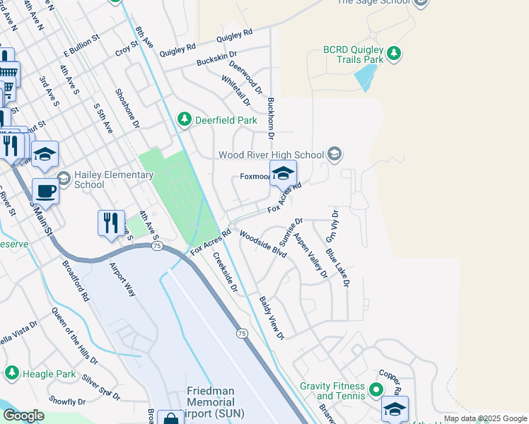 map of restaurants, bars, coffee shops, grocery stores, and more near 860 Fox Acres Road in Hailey