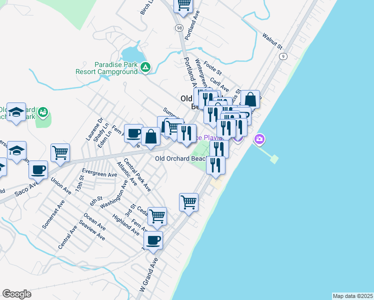 map of restaurants, bars, coffee shops, grocery stores, and more near 8 Heath Street in Old Orchard Beach