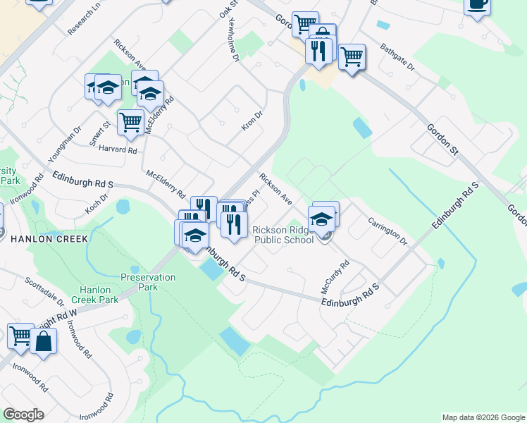 map of restaurants, bars, coffee shops, grocery stores, and more near Sidney Crescent in Guelph